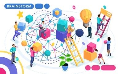 Poster - isometric concept of teamwork, discussion of ideas, brainstorming. people in motion. concepts for we