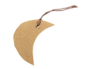 Blank cardboard price tag in half moon shape tied with string isolated on white background, top view