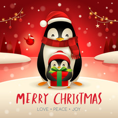 Wall Mural - Adult penguin and baby penguin in Christmas snow scene.