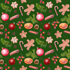 Wall Mural - Christmas baubles, ginger bread man and cookies, fir tree branches, red berries, cinnamon, candy cane, orange. Seamless pattern on green background. Watercolor