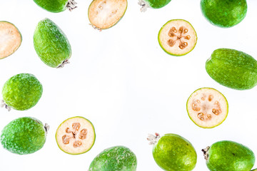  Tropical fruit, raw organic feijoa isolated on white background layout pattern copy space top view
