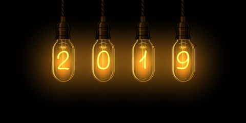 Christmas lamp light bulbs Illuminated new year 2019. Vector