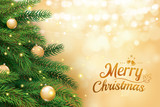 Fototapeta Do pokoju - Christmas tree with gold blur bokeh lights background. Vector illustration for cover, banner, greeting card template.