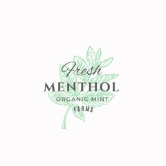 Wall Mural - Fresh Menthol Farms Abstract Vector Sign, Symbol or Logo Template. Mint Branch Sillhouette with Retro Typography. Vintage Luxury Emblem.
