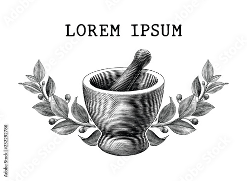 Fotografía Mortar and pestle with herbs frame vintage engraving illustration logo isolated