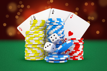 Poster - 3d rendering of gaming cards, stacks of casino chips and dice stand on green felt background.