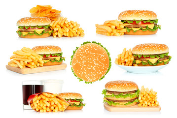 Sticker - Set of hamburgers, french fries and chips with cola