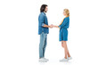 © LIGHTFIELD STUDIOS - Man and woman holding hands and looking at each other isolated on white