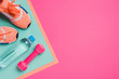 canvas print picture - Flat lay with sport equipment on pink background