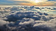 Above the clouds, paragliding in the autumn light of the November sun. Aerial perspective view of a powered paraglider.