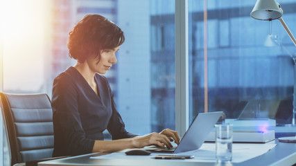 side view portrait of the beautiful businesswoman working on a laptop in her modern office with city