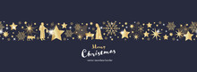 Christmas Time. Dark Blue And Golden Snowflake And Star Seamless Border With Mary, Jesus Baby And Joseph. Text : Merry Christmas 