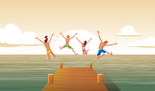 Group Of People Jumping From Wooden Pier Into The Water. Family Having Fun Jumping In The Sea Water.