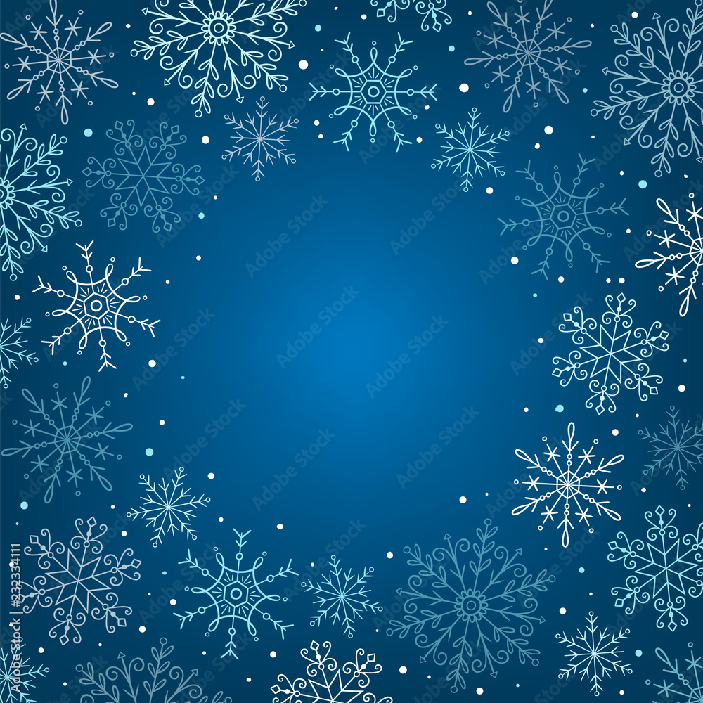 Snowflake Postcard Design Hand drawn snowflakes frame. Snowflakes isolated on blue background ...