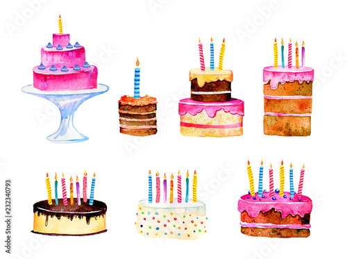 Set Of Stylized Birthday Cakes With Candles Hand Drawn Cartoon Watercolor Sketch Illustration Stock Illustration Adobe Stock
