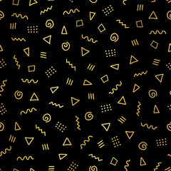 Wall Mural - Abstract doodle shapes gold foil seamless vector background. Shiny metallic golden triangles, twirls, squares, dots on black. Memphis style retro elegant design for party invitation card, celebrations