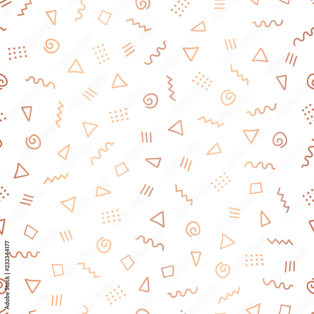 Rose Gold foil abstract doodle shapes seamless vector background. Shiny ...