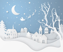 Vector Winter Night Landscape With Fir Trees, Houses, Moon, Santa's Sleigh, Stars, Deers And Snow In Paper Cut Style. Festive Layered Background With 3D Realistic Paper Christmas Village And Snowfall.