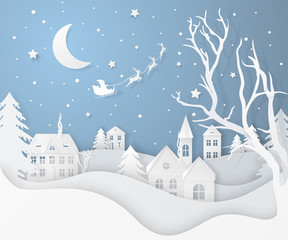 vector winter night landscape with fir trees, houses, moon, santa's sleigh, stars, deers and snow in