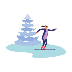 Poster - woman with ski and pine tree winter season