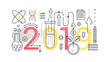 © lembergvector - Science 2019 word trendy composition concept banner. Outline stroke technology, engineering, physics, modern education. Flat line icons lettering typography on white background.