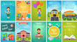 © lembergvector - Back to School card template banners set, school bus, kids, chalkboards, book, education equipment vector illustration.