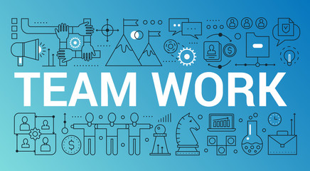 Wall Mural - Team work word trendy composition concept banner. Outline stroke office, coworking, brainstorming vector illustration.