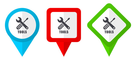 Leinwandbilder - Tools sign red, blue and green vector pointers icons. Set of colorful location markers isolated on white background easy to edit