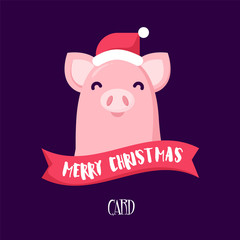 Illustration with cartoon pig in chrismas hat and ribbon. Flat design. Vector card.