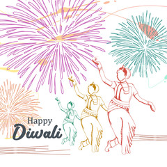 Wall Mural - Dancing girl with burning diya illustration for happy diwali greeting design with hand drawn fireworks vintage colorful vector.