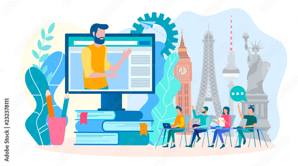 Photo Learning foreign languages online in a group.