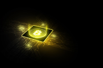 Poster - Bitcoin Concepts with Printed Circuits with Bitcoin and Microchip Processors. vector illustration