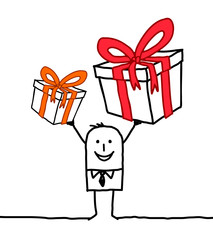 cartoon smiling man with two big gifts