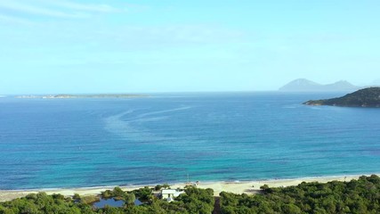 Wall Mural - Aerial view of a green coast with a beautiful wild beach bathed by a turquoise and transparent sea. Sardinia, Italy	