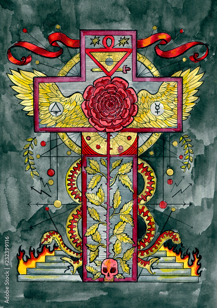 Religious concept with cross, rose, snake and hell. Occult and esoteric ...