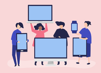 Wall Mural - character illustration of people with different digital devices