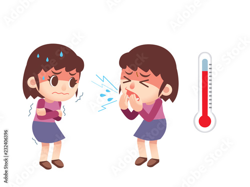 Vector sick, ill female characters with giant thermometer icon Poster Mural XXL