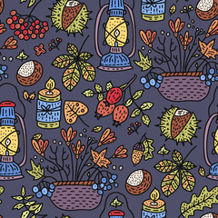 Wall Mural - Cozy fall vector illustration. Autumn doodle detailed illustration.