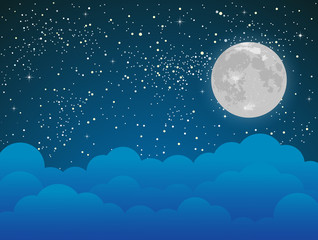 Wall Mural - starry sky with blue clouds moon. shining stars.