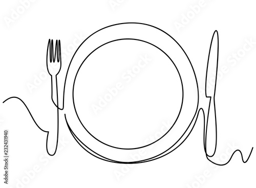 Continuous line art or One Line Drawing of plate, khife and fork Tableau sur Toile
