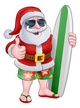Cool Santa Claus In Shorts And Flip Flops Wearing Shades Or Sunglasses And Holding His Surfboard, Christmas Cartoon.