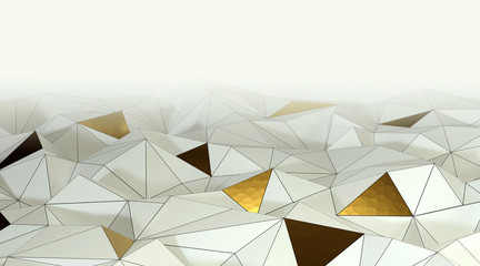 Poster - Abstract white and gold 3d background, triangular mesh with lines.