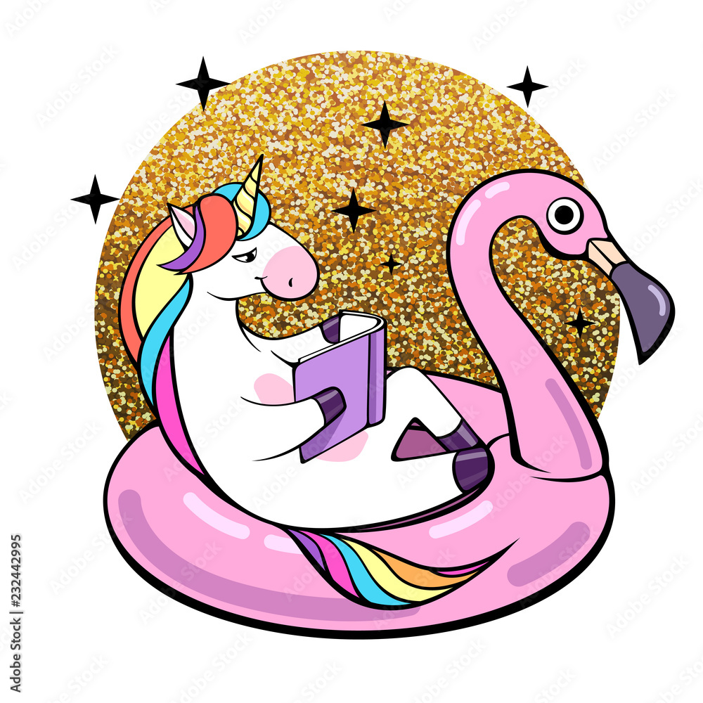 Fantasy animal unicorn on flamingo inflatable circle. Cartoon ...