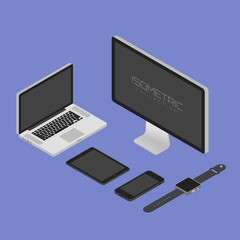 Poster - Isoetric vector illustration modern monitor, computer, laptop, phone, tablet and smart watch.