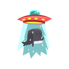 Sticker - Alien UFO spaceship taking away whale, flying saucer taking sea animal using light beam vector Illustration on a white background