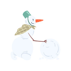 Poster - Funny snowman character rolling a snowball, Christmas and New Year holidays decoration element vector Illustration on a white background