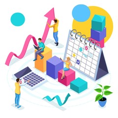 Poster - Isometric concept of business planning and strategy development, young entrepreneurs View the analyst to check revenues, success rates