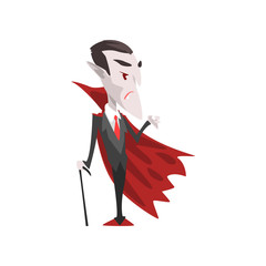 Wall Mural - Count Dracula, vampire cartoon character wearing in a black suit and red cape vector Illustration on a white background