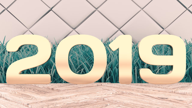 Happy New 2019 Year. Holiday 3d illustration gold numbers 2019. On a wooden background. green grass. Trendy cover