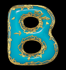 Golden shining metallic 3D with blue paint symbol capital letter B - uppercase isolated on black. 3d